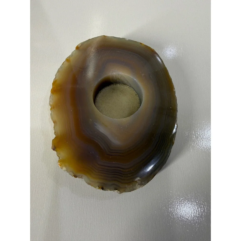 Natural Agate Geode Slice Tea Light Candle Holder Brown Banded Stone Decor